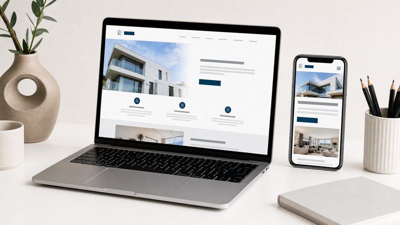 Website mockup showing laptop and phone